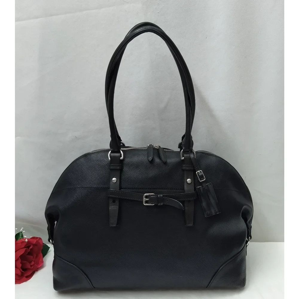 Tumi Villa Black Leather Domed Double Handles Zipper Satchel Shoulder Bag